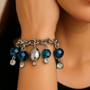 Paparazzi Blue Crystal Charm Bracelet – Silver Chain Dangle Beads & Rhinestone